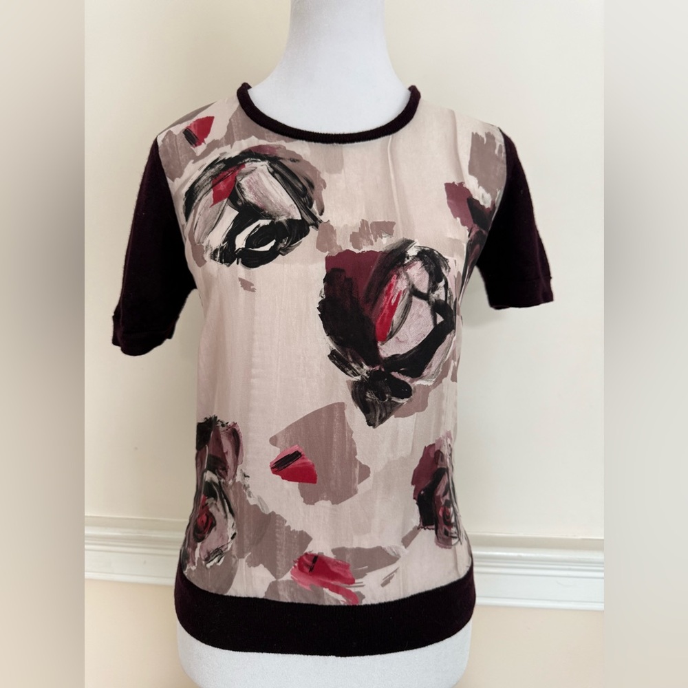 Salvatore Ferragamo Cream and Maroon Short Sleeve Top